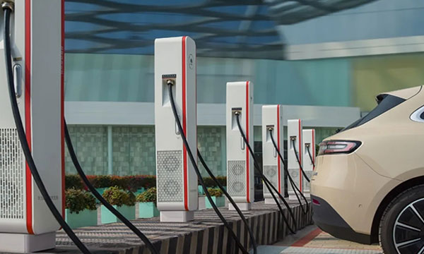 Charging an electric car at a public charging station